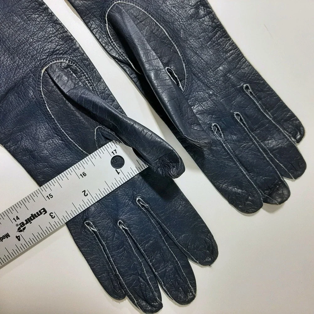 Vintage Kislav Kid Leather Navy Gloves Made in France Sz 7 Opera Length '50's